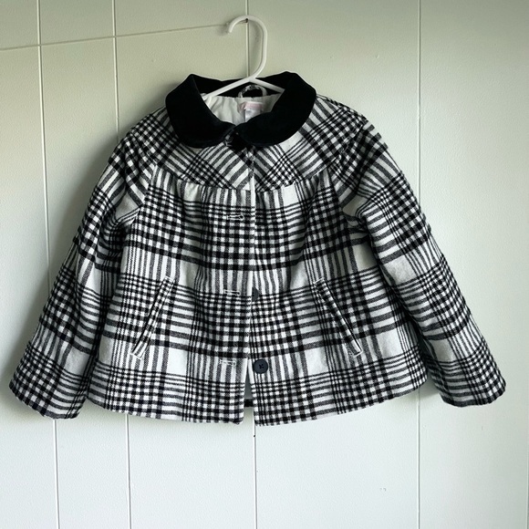 Janie and Jack Black and Cream Wool Plaid Girls Holiday Jacket Pea Coat Sz 4T-5T - Picture 1 of 9